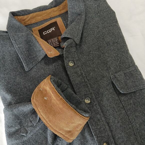 CQR Men's 2XL Grey Chamois (flannel) Long-Sleeved Button-Up Corduroy-Cuff Shirt - Picture 1 of 11